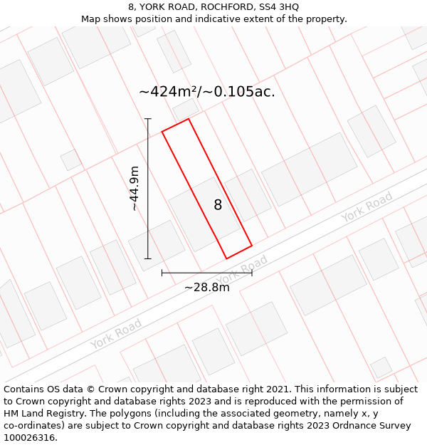 8, YORK ROAD, ROCHFORD, SS4 3HQ: Plot and title map