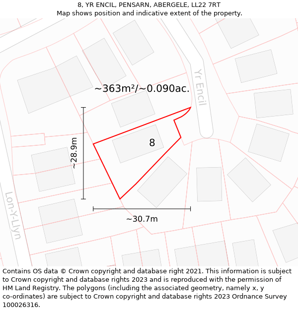 8, YR ENCIL, PENSARN, ABERGELE, LL22 7RT: Plot and title map