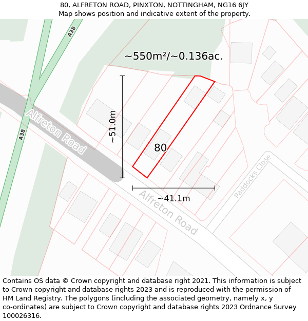 80, ALFRETON ROAD, PINXTON, NOTTINGHAM, NG16 6JY: Plot and title map