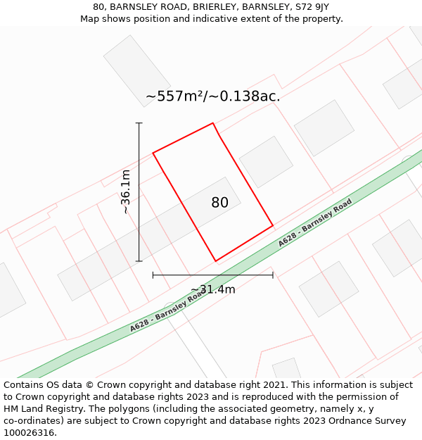 80, BARNSLEY ROAD, BRIERLEY, BARNSLEY, S72 9JY: Plot and title map
