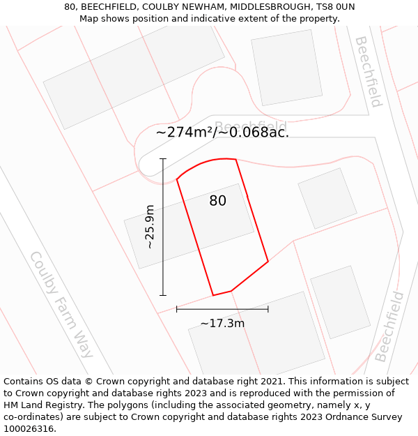 80, BEECHFIELD, COULBY NEWHAM, MIDDLESBROUGH, TS8 0UN: Plot and title map