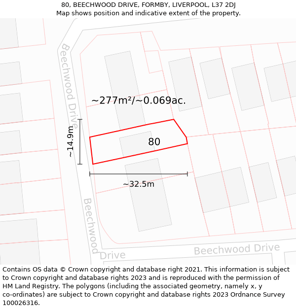 80, BEECHWOOD DRIVE, FORMBY, LIVERPOOL, L37 2DJ: Plot and title map