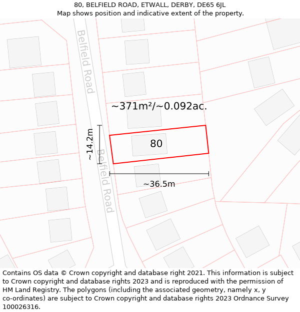 80, BELFIELD ROAD, ETWALL, DERBY, DE65 6JL: Plot and title map