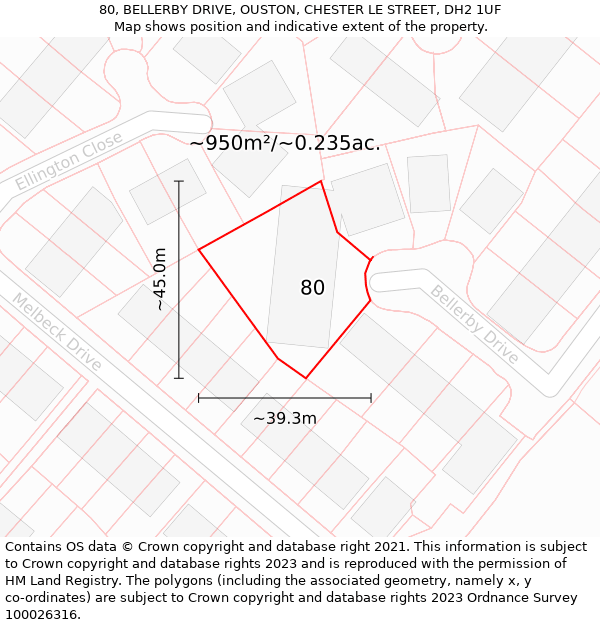 80, BELLERBY DRIVE, OUSTON, CHESTER LE STREET, DH2 1UF: Plot and title map