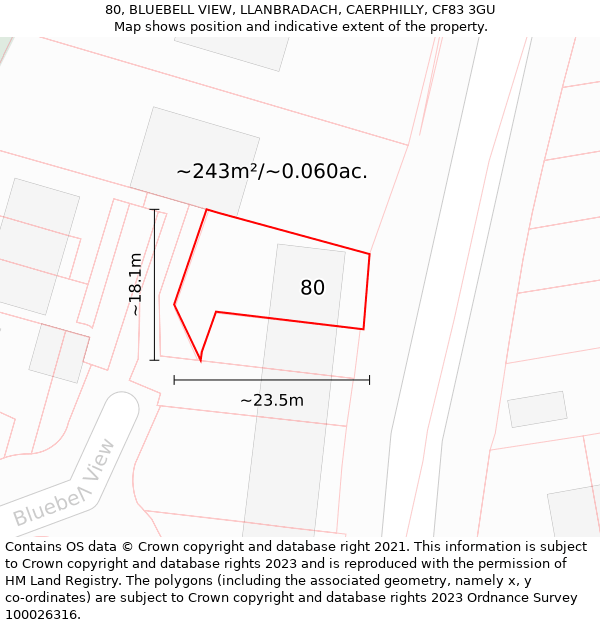 80, BLUEBELL VIEW, LLANBRADACH, CAERPHILLY, CF83 3GU: Plot and title map