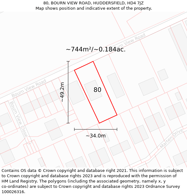 80, BOURN VIEW ROAD, HUDDERSFIELD, HD4 7JZ: Plot and title map