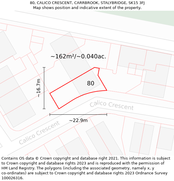 80, CALICO CRESCENT, CARRBROOK, STALYBRIDGE, SK15 3FJ: Plot and title map