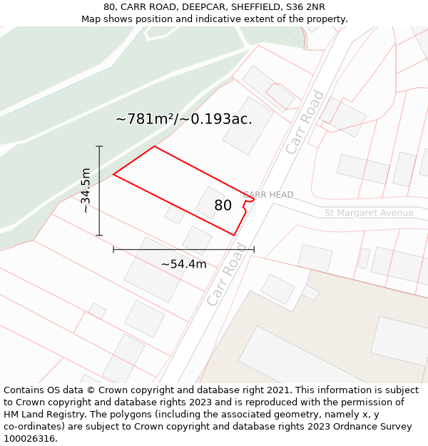 80, CARR ROAD, DEEPCAR, SHEFFIELD, S36 2NR: Plot and title map