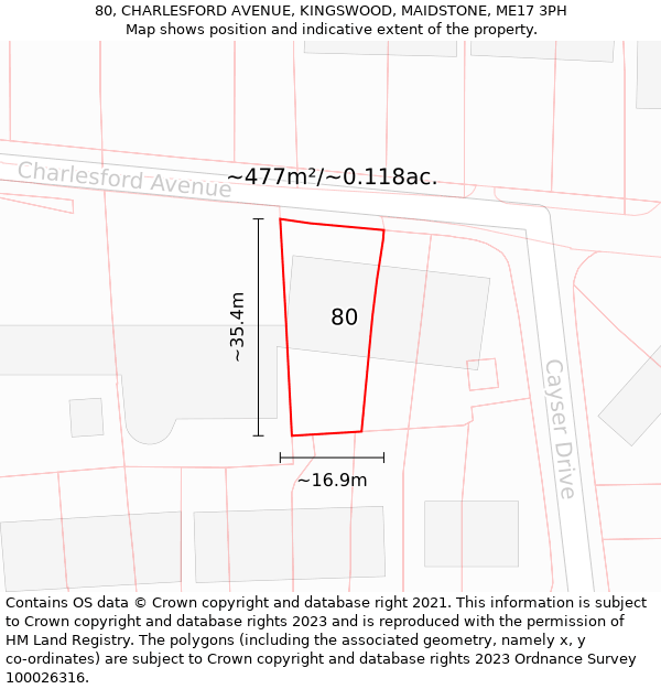 80, CHARLESFORD AVENUE, KINGSWOOD, MAIDSTONE, ME17 3PH: Plot and title map