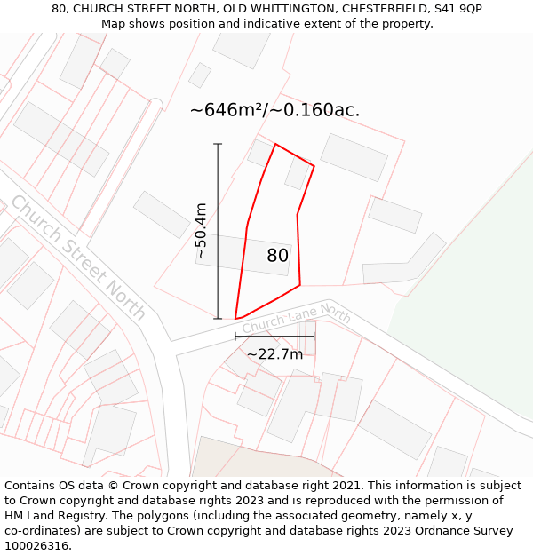 80, CHURCH STREET NORTH, OLD WHITTINGTON, CHESTERFIELD, S41 9QP: Plot and title map