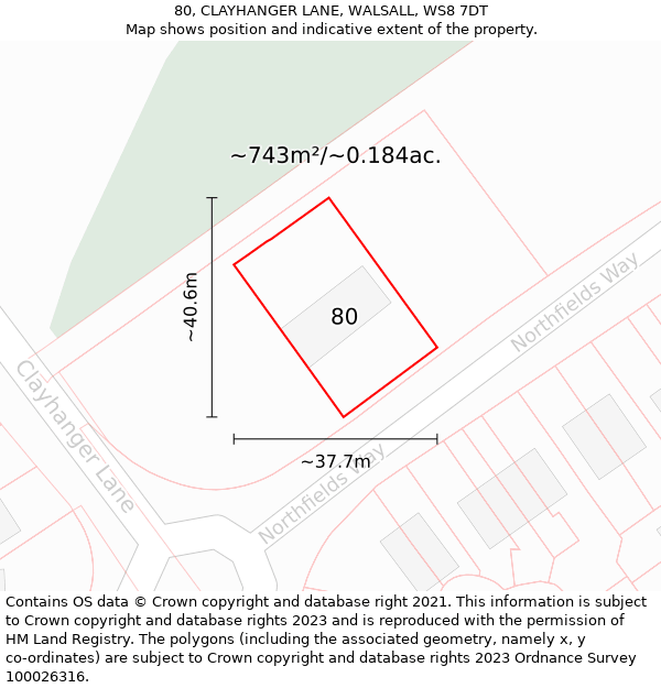 80, CLAYHANGER LANE, WALSALL, WS8 7DT: Plot and title map