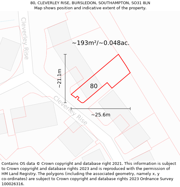 80, CLEVERLEY RISE, BURSLEDON, SOUTHAMPTON, SO31 8LN: Plot and title map