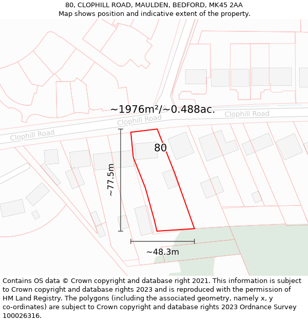 80, CLOPHILL ROAD, MAULDEN, BEDFORD, MK45 2AA: Plot and title map