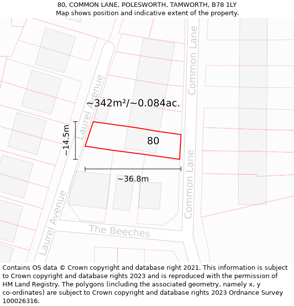 80, COMMON LANE, POLESWORTH, TAMWORTH, B78 1LY: Plot and title map