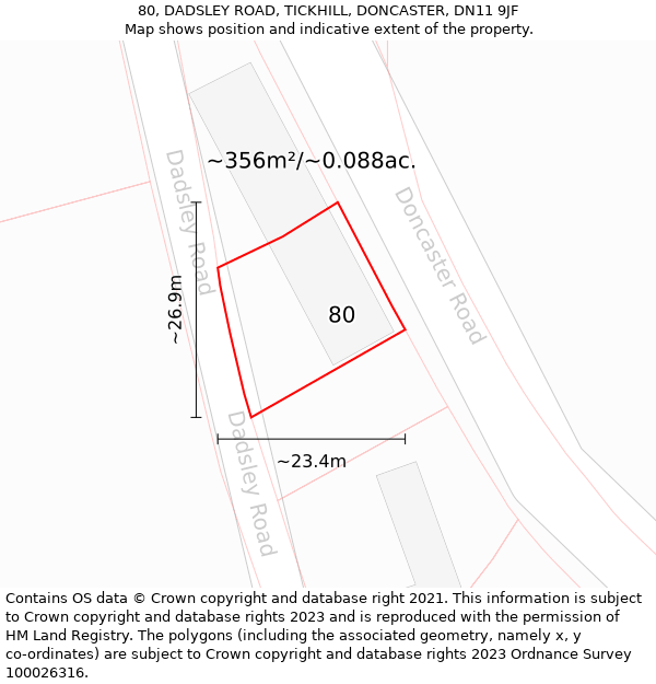 80, DADSLEY ROAD, TICKHILL, DONCASTER, DN11 9JF: Plot and title map