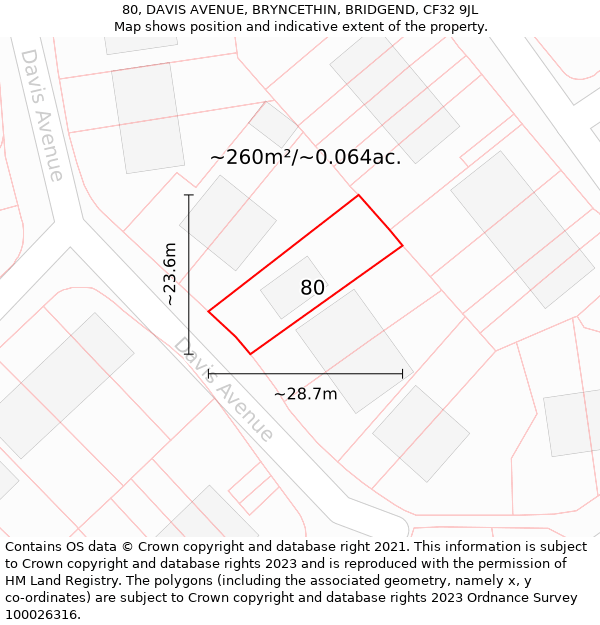 80, DAVIS AVENUE, BRYNCETHIN, BRIDGEND, CF32 9JL: Plot and title map