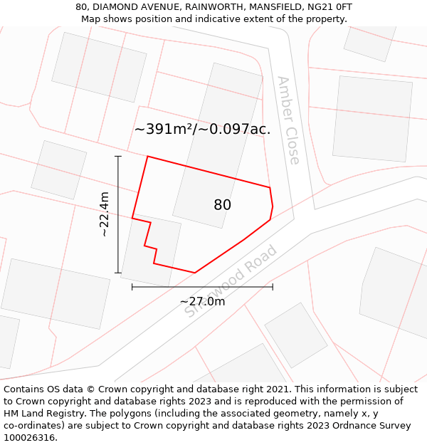 80, DIAMOND AVENUE, RAINWORTH, MANSFIELD, NG21 0FT: Plot and title map