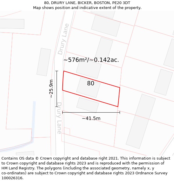 80, DRURY LANE, BICKER, BOSTON, PE20 3DT: Plot and title map