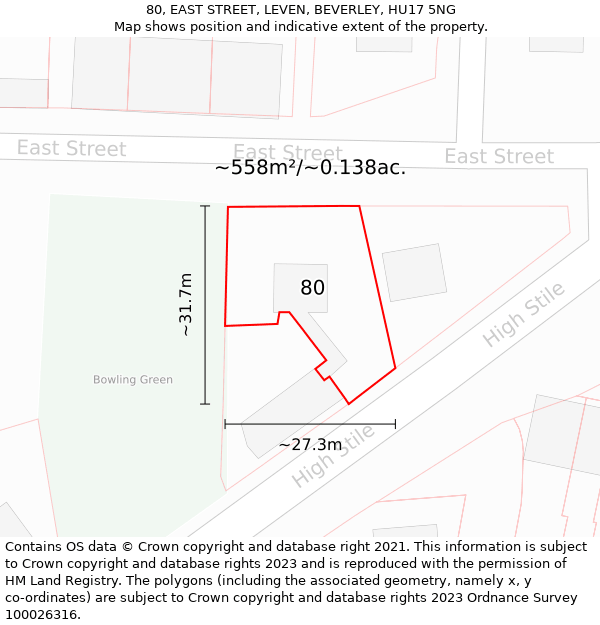 80, EAST STREET, LEVEN, BEVERLEY, HU17 5NG: Plot and title map