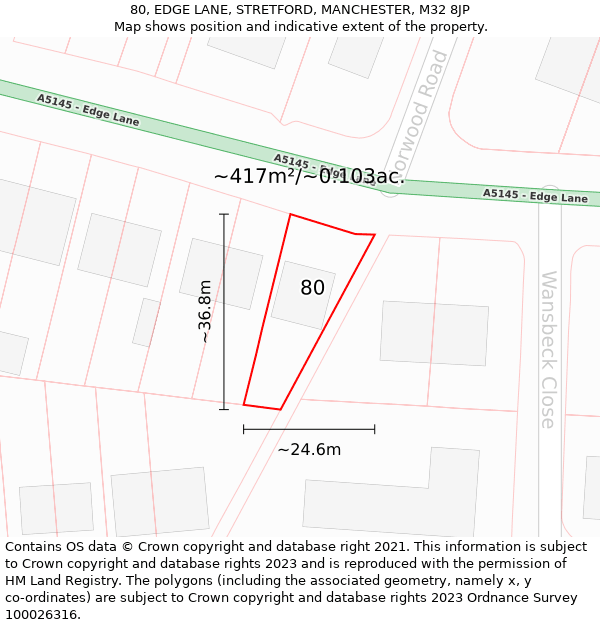 80, EDGE LANE, STRETFORD, MANCHESTER, M32 8JP: Plot and title map