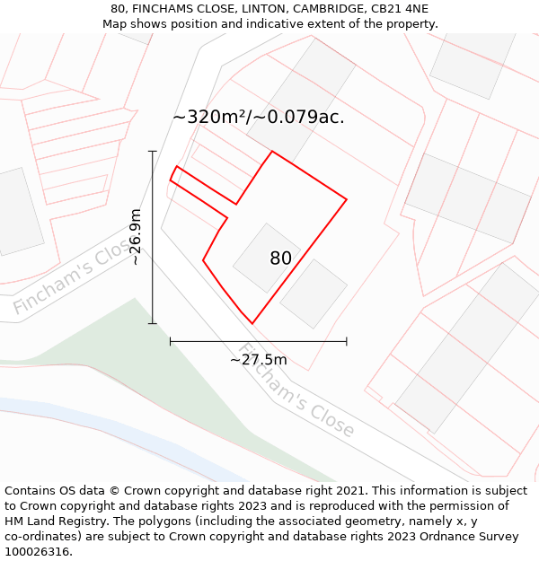 80, FINCHAMS CLOSE, LINTON, CAMBRIDGE, CB21 4NE: Plot and title map