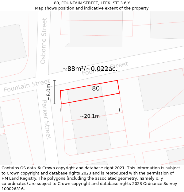 80, FOUNTAIN STREET, LEEK, ST13 6JY: Plot and title map