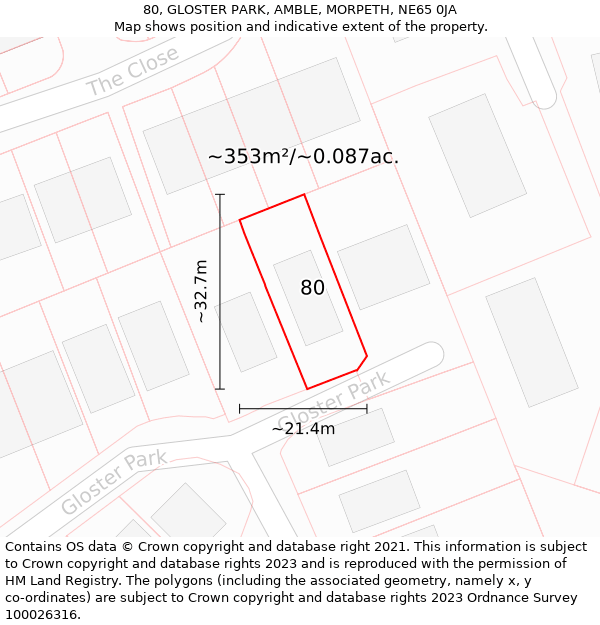 80, GLOSTER PARK, AMBLE, MORPETH, NE65 0JA: Plot and title map