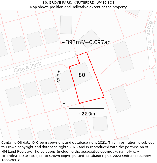 80, GROVE PARK, KNUTSFORD, WA16 8QB: Plot and title map