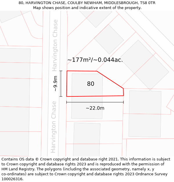 80, HARVINGTON CHASE, COULBY NEWHAM, MIDDLESBROUGH, TS8 0TR: Plot and title map