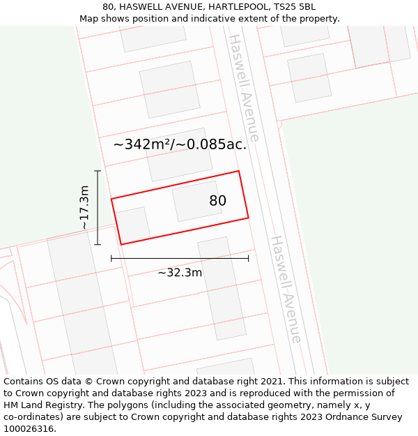 80, HASWELL AVENUE, HARTLEPOOL, TS25 5BL: Plot and title map