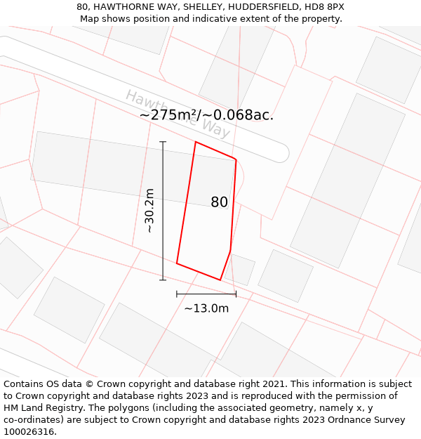 80, HAWTHORNE WAY, SHELLEY, HUDDERSFIELD, HD8 8PX: Plot and title map