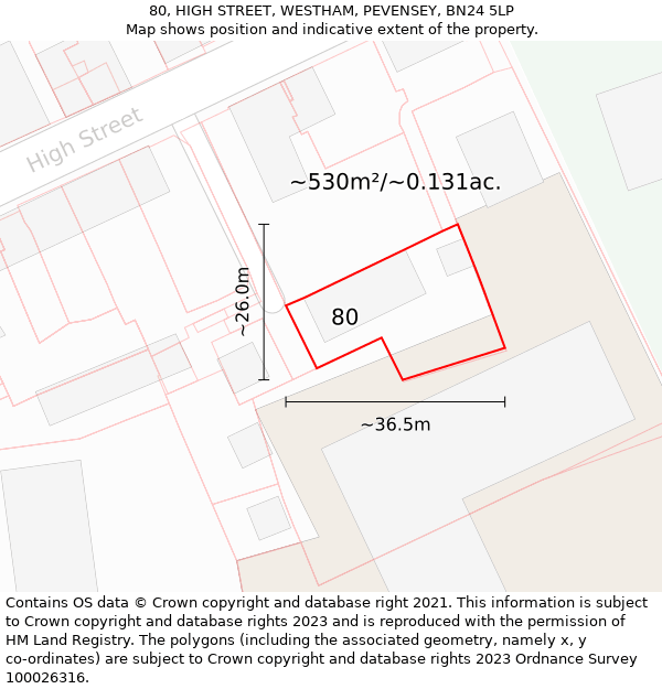 80, HIGH STREET, WESTHAM, PEVENSEY, BN24 5LP: Plot and title map
