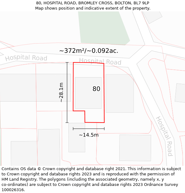 80, HOSPITAL ROAD, BROMLEY CROSS, BOLTON, BL7 9LP: Plot and title map