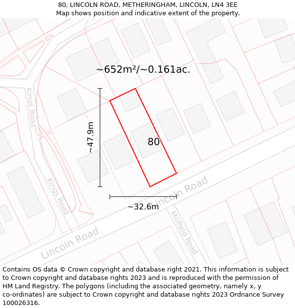 80, LINCOLN ROAD, METHERINGHAM, LINCOLN, LN4 3EE: Plot and title map