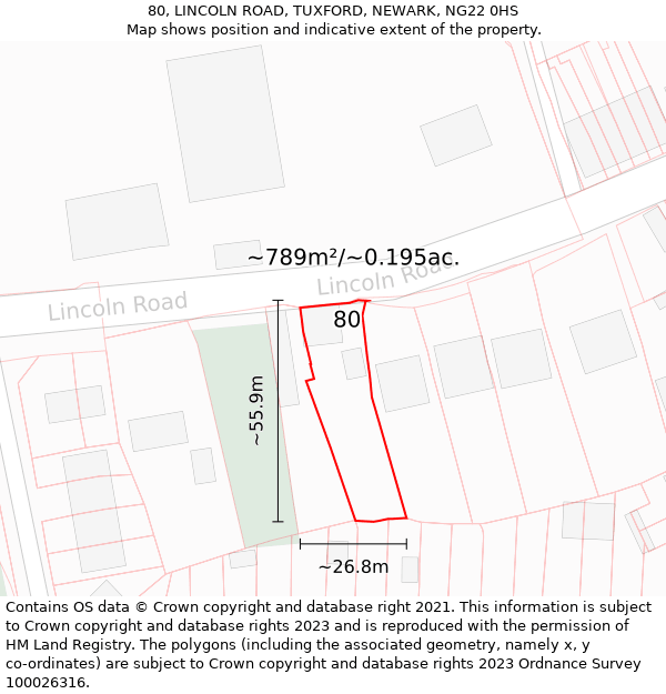 80, LINCOLN ROAD, TUXFORD, NEWARK, NG22 0HS: Plot and title map