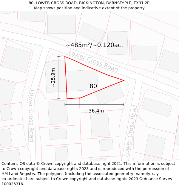 80, LOWER CROSS ROAD, BICKINGTON, BARNSTAPLE, EX31 2PJ: Plot and title map