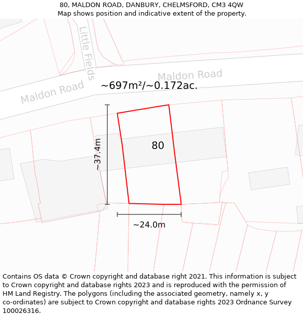 80, MALDON ROAD, DANBURY, CHELMSFORD, CM3 4QW: Plot and title map