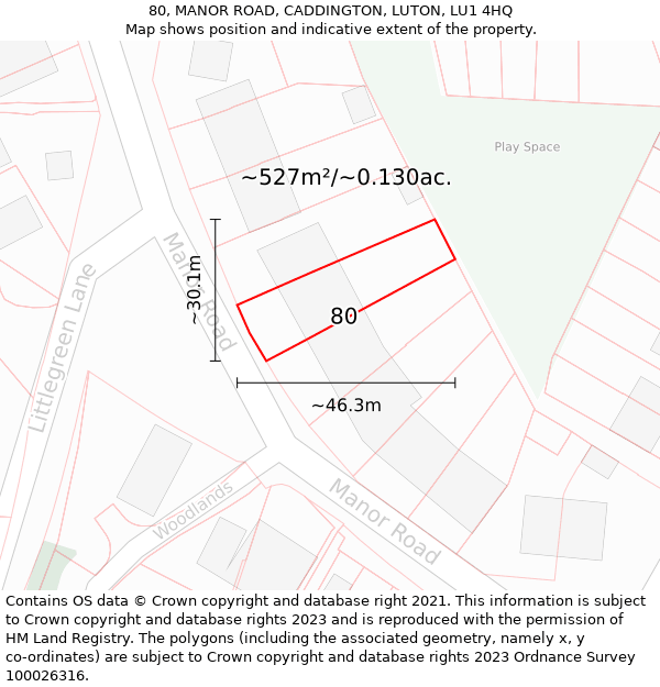 80, MANOR ROAD, CADDINGTON, LUTON, LU1 4HQ: Plot and title map