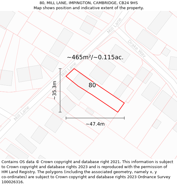 80, MILL LANE, IMPINGTON, CAMBRIDGE, CB24 9HS: Plot and title map