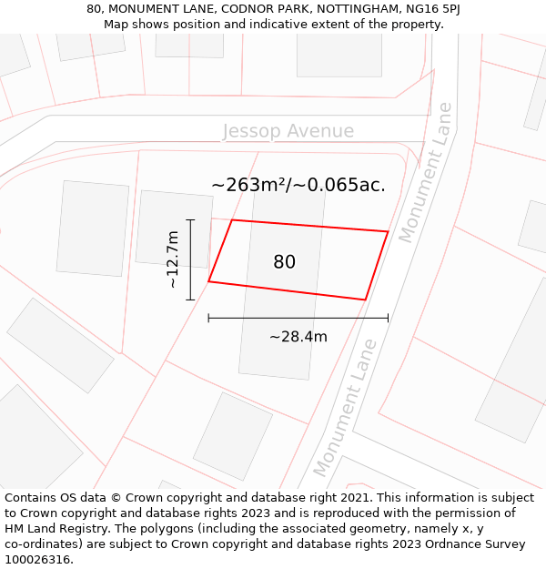 80, MONUMENT LANE, CODNOR PARK, NOTTINGHAM, NG16 5PJ: Plot and title map