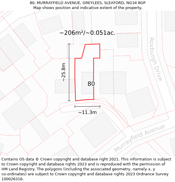 80, MURRAYFIELD AVENUE, GREYLEES, SLEAFORD, NG34 8GP: Plot and title map