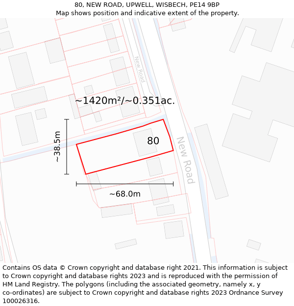 80, NEW ROAD, UPWELL, WISBECH, PE14 9BP: Plot and title map