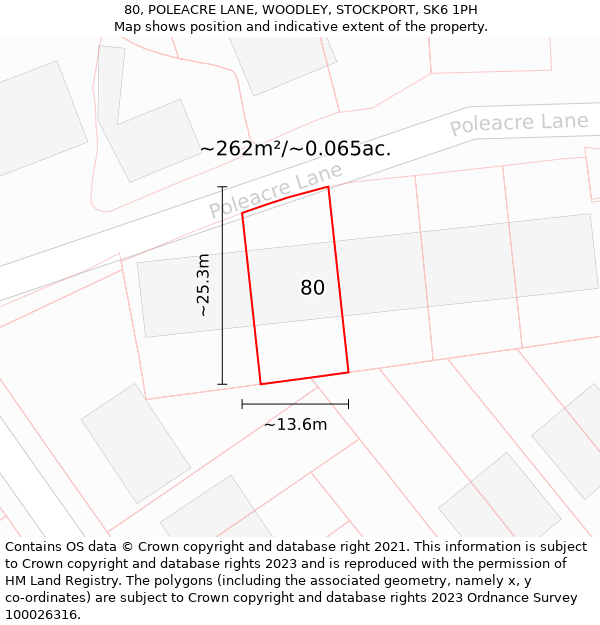 80, POLEACRE LANE, WOODLEY, STOCKPORT, SK6 1PH: Plot and title map