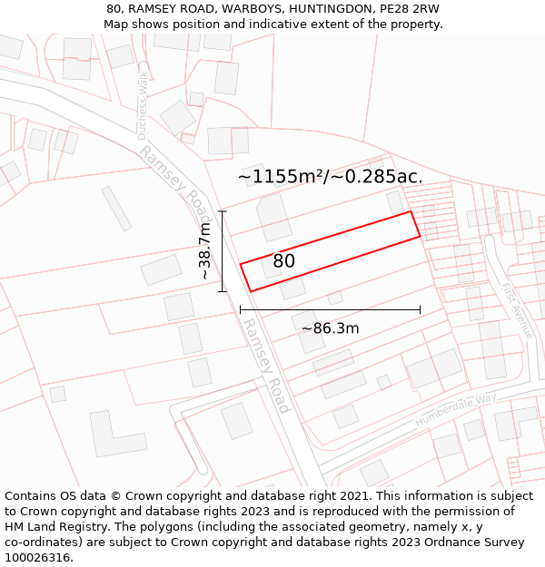 80, RAMSEY ROAD, WARBOYS, HUNTINGDON, PE28 2RW: Plot and title map