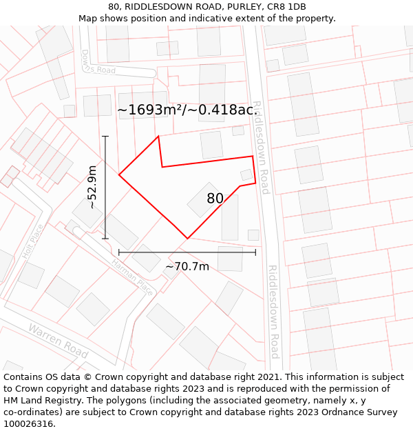 80, RIDDLESDOWN ROAD, PURLEY, CR8 1DB: Plot and title map