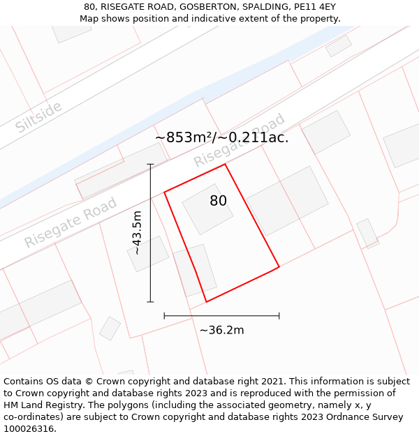 80, RISEGATE ROAD, GOSBERTON, SPALDING, PE11 4EY: Plot and title map