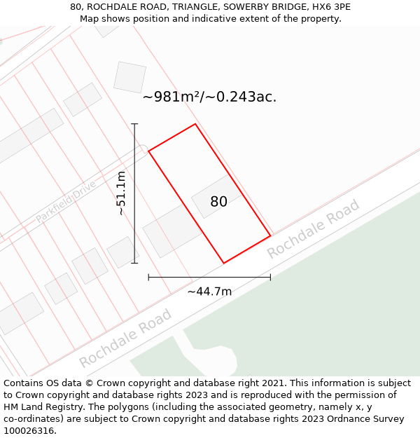 80, ROCHDALE ROAD, TRIANGLE, SOWERBY BRIDGE, HX6 3PE: Plot and title map