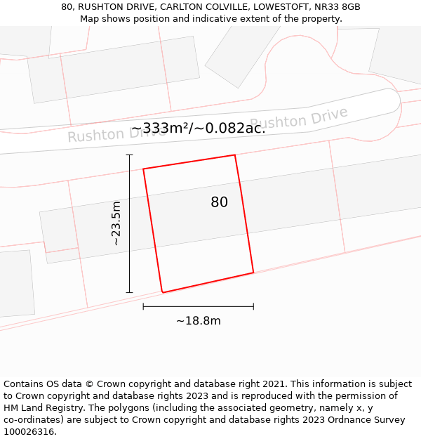 80, RUSHTON DRIVE, CARLTON COLVILLE, LOWESTOFT, NR33 8GB: Plot and title map