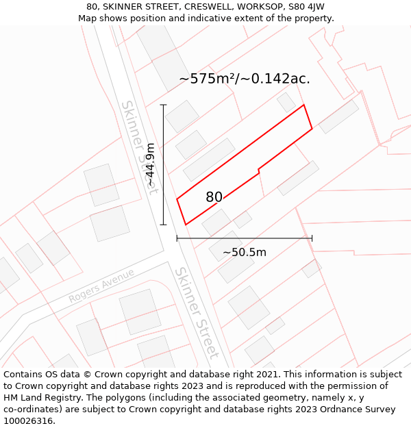80, SKINNER STREET, CRESWELL, WORKSOP, S80 4JW: Plot and title map