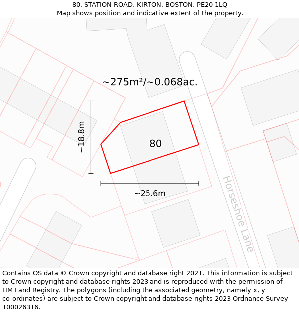 80, STATION ROAD, KIRTON, BOSTON, PE20 1LQ: Plot and title map